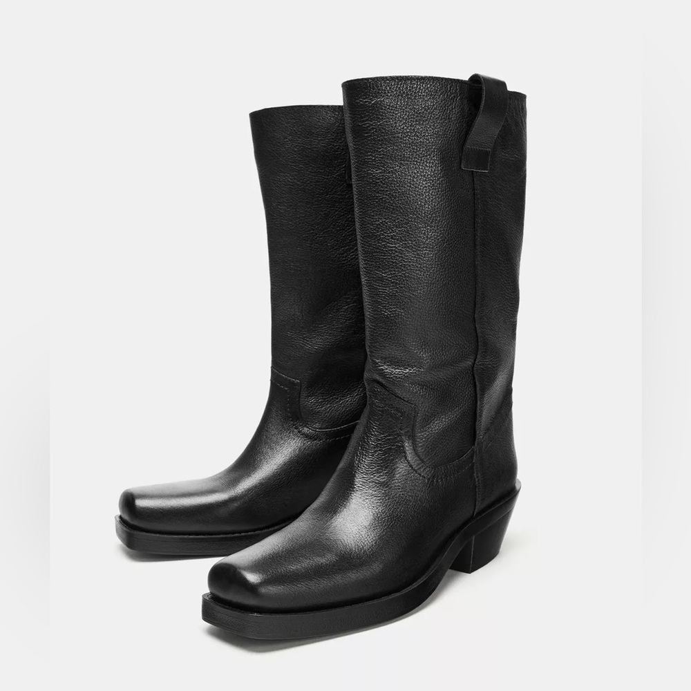 Zara 100% Leather Black Heeled Cowboy Boots sz.7.5 - Picture 2 of 16